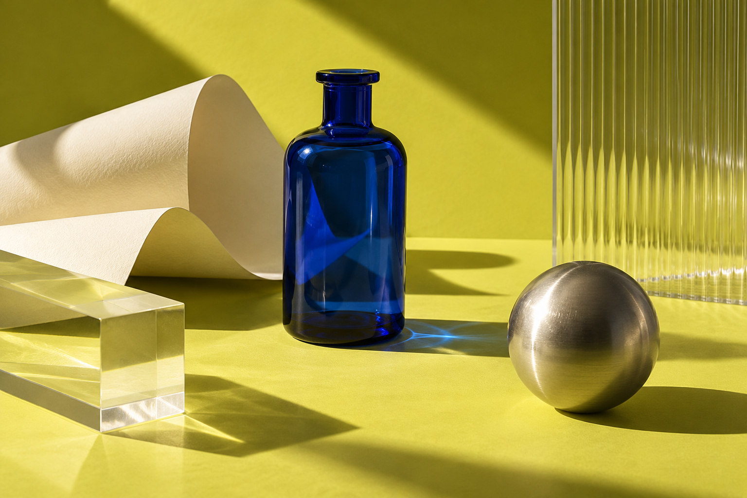 AI-assisted product composition: cobalt blue bottle, metal sphere, paper and acrylic on a yellow-green surface